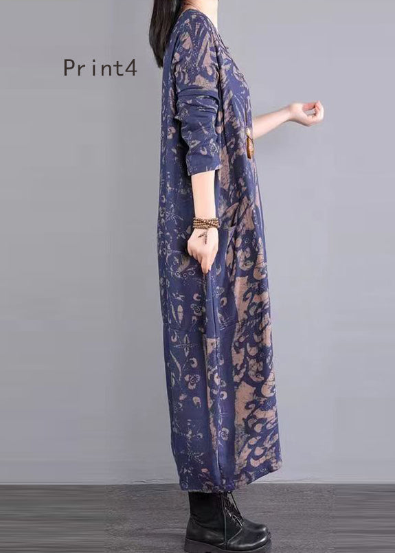 Print Patchwork Cotton Long Dresses V Neck Fall