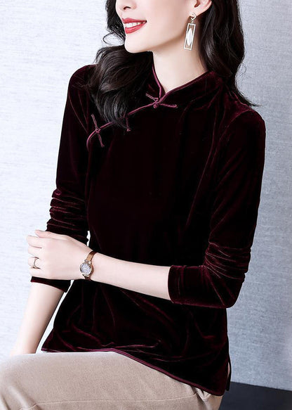 Mulberry Stand Collar Chinese Button Patchwork Velour Shirts Fall