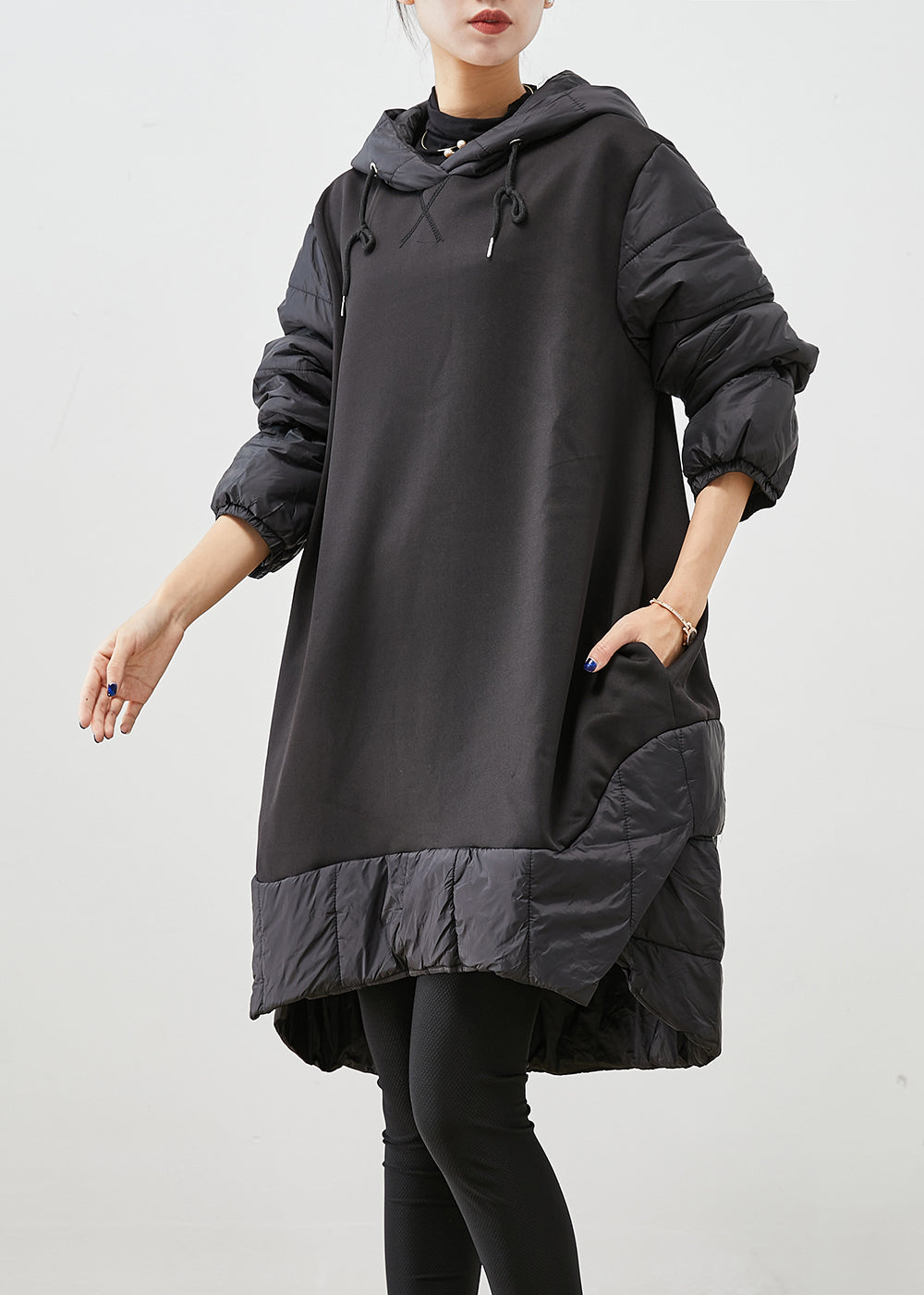 Black Hooded Patchwork Thick Cotton Pullover Sweatshirt Dress Fall
