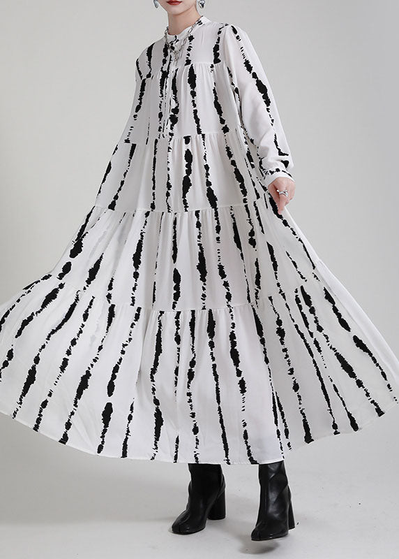 Boutique White Print Patchwork Asymmetrical Design Fall Vacation Dresses Long Sleeve
