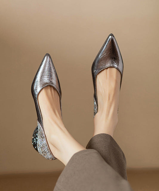 Fitted Silver Splicing Chunky Heel Brown Faux Leather Pointed Toe