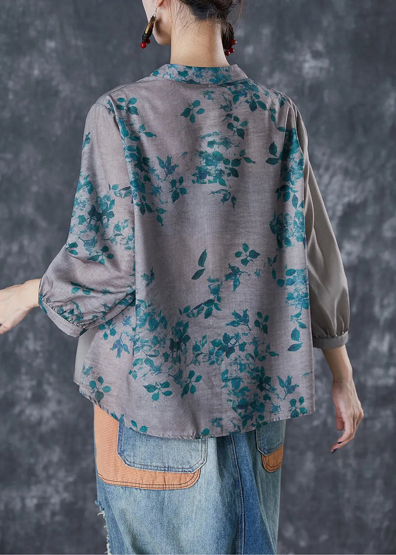 Grey Chinese Style Patchwork Print Linen Blouse Top Fall