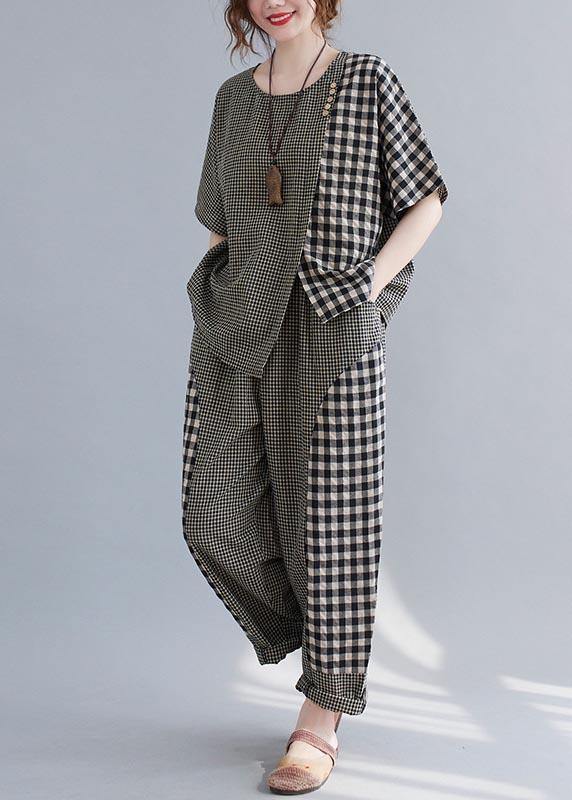 Small Grid Patchwork Asymmetrical Design Two Piece Set Clothing