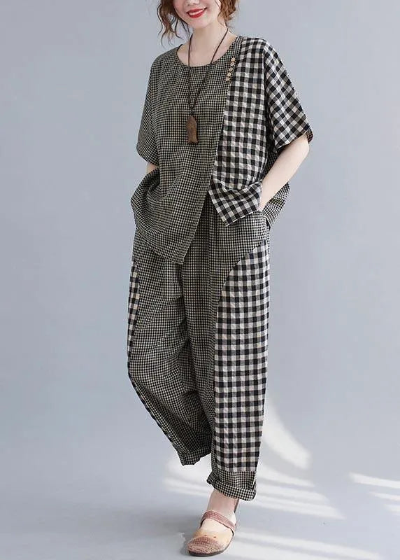 Small Grid Patchwork Asymmetrical Design Two Piece Set Clothing