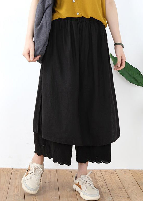 Black Lace Linen Pants Skirt Elastic Waist Summer