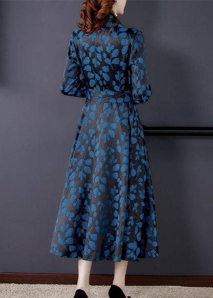 Notched Print Pockets Tie Waist Silk Trench Coats Long Sleeve