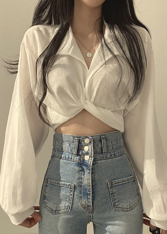 Unique White Peter Pan Collar Shirts Lantern Sleeve