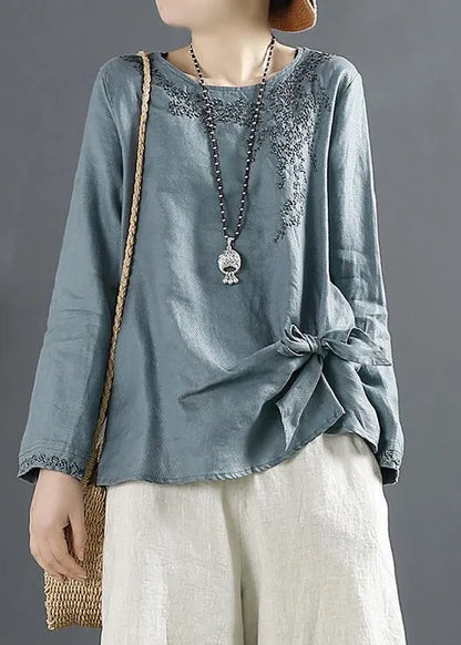 Unique Blue Print Tops O Neck Cotton Blouses