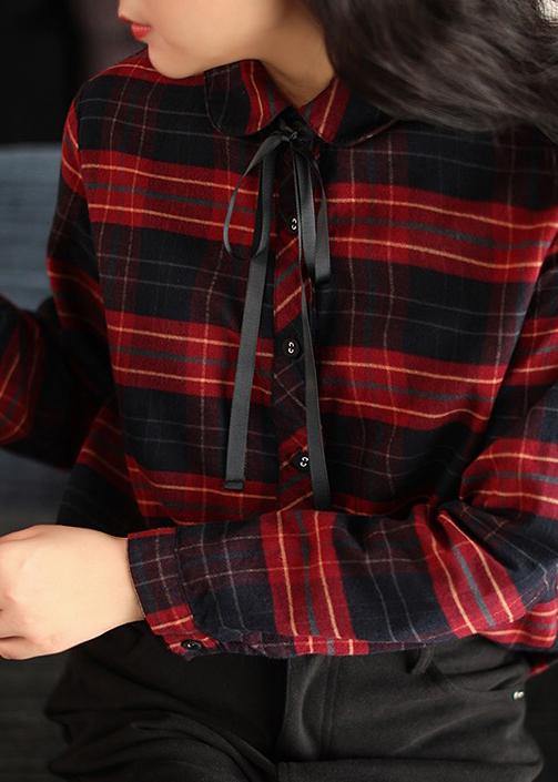 Modern Peter Pan Collar Spring Tunic Top Red Plaid Shirts