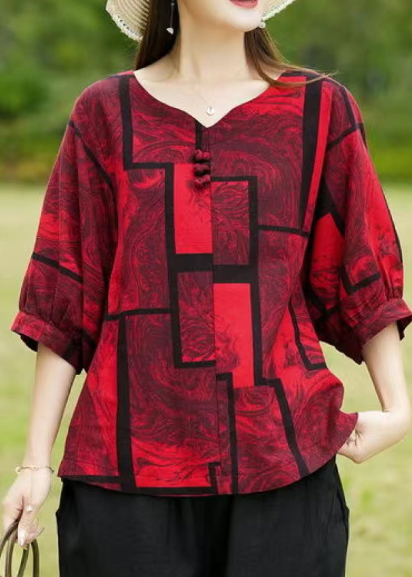 Red Print Patchwork Top Summer