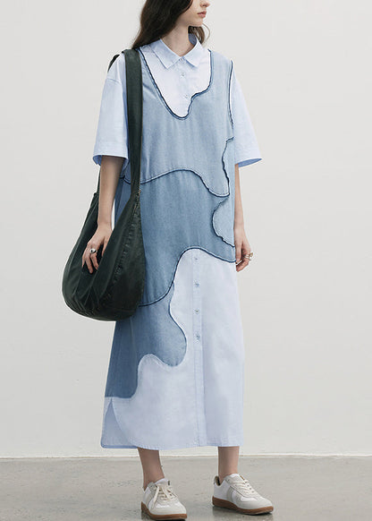 New Blue Peter Pan Collar Patchwork Cotton Shirts Dresses Summer