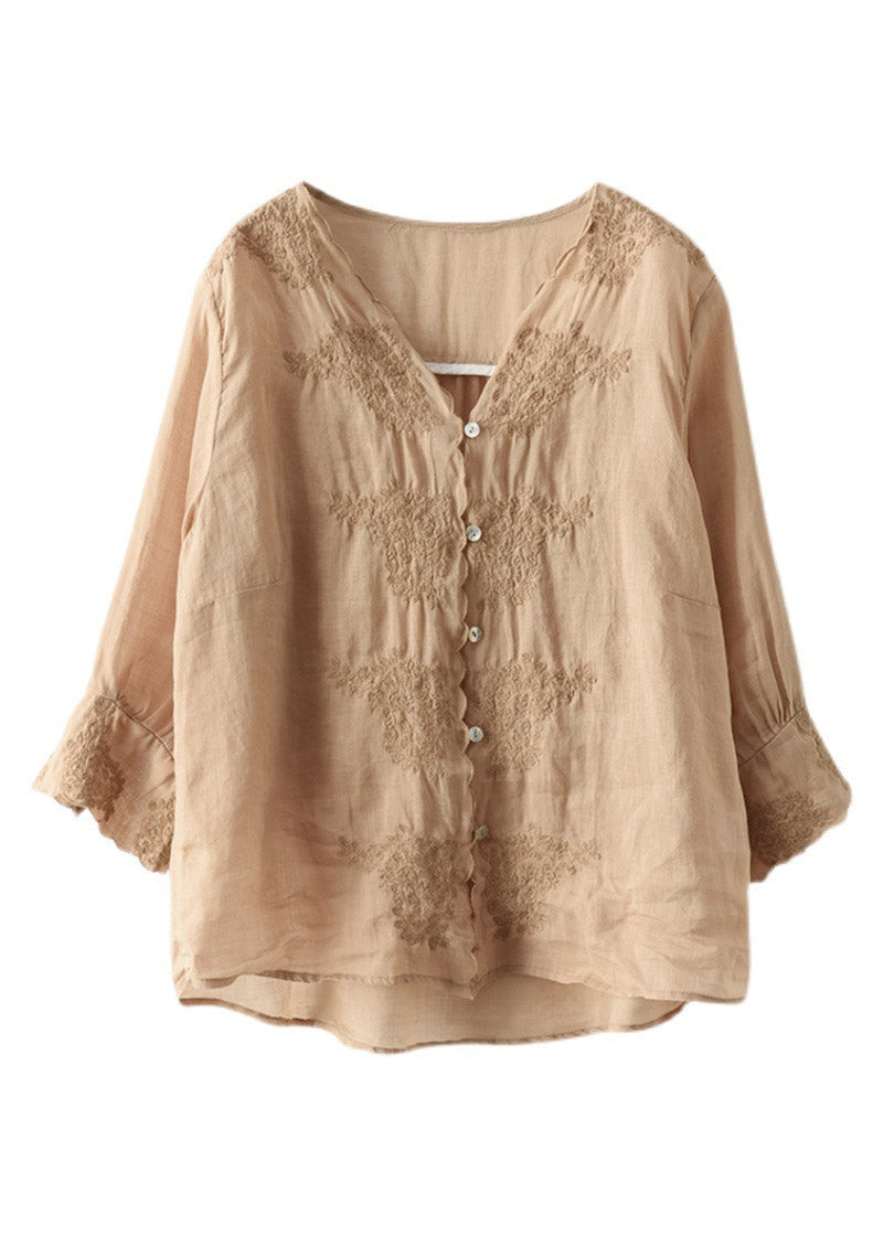 Khaki V Neck Embroideried Linen Shirt Long Sleeve