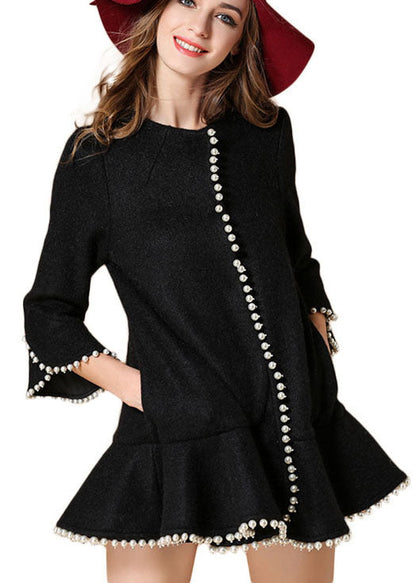 Fitted Black Ruffled Button Skinny Fall Woolen Coats