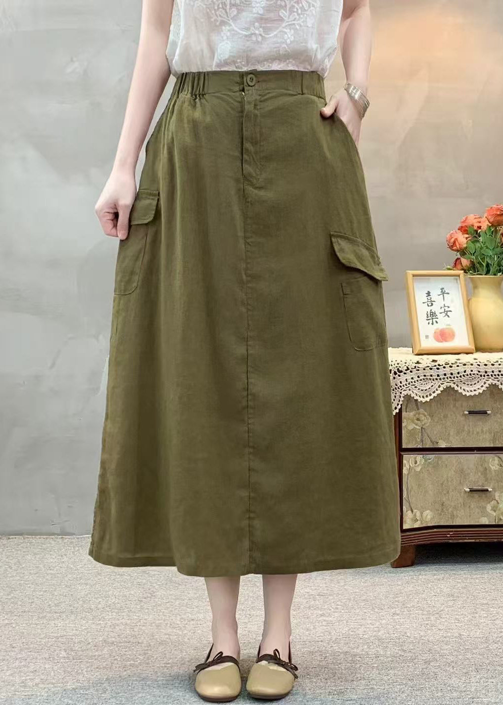 White Pockets Side Open Elastic Waist Cotton Skirts Summer