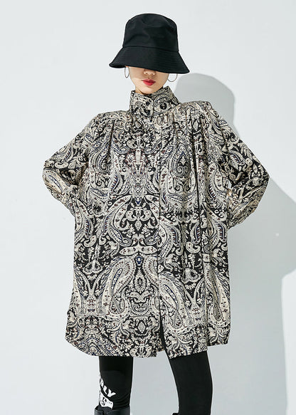 Black Stand Collar Print Chiffon Shirts Spring