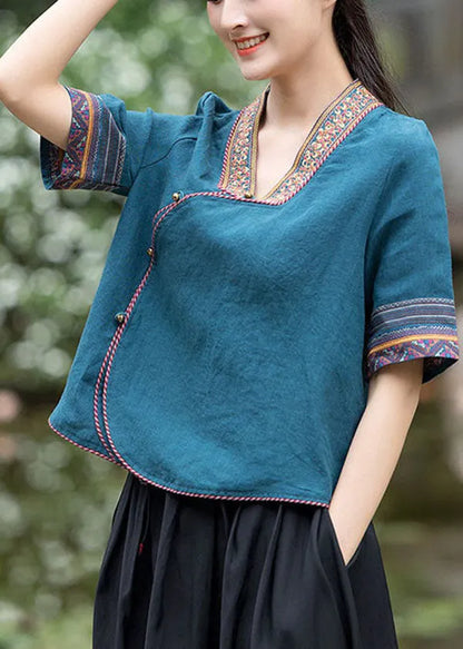 Art Peacock Blue Style Embroideried Linen Top Half Sleeve