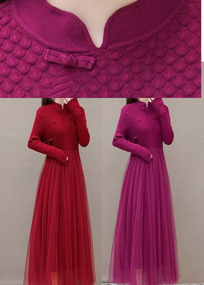 Rose Chinese Button Patchwork Silm Fit Knit Dress Spring