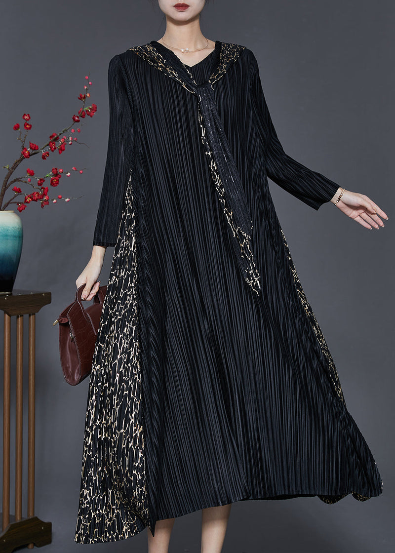 Black Hooded Patchwork Wrinkled Maxi Dresses Spring