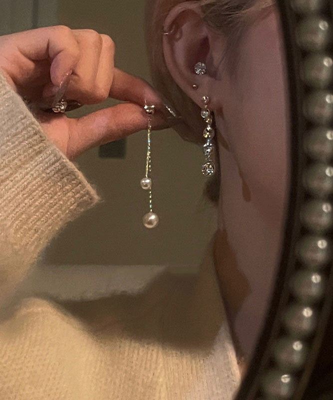 Gold Copper Alloy Zircon Pearl Tassel Drop Earrings
