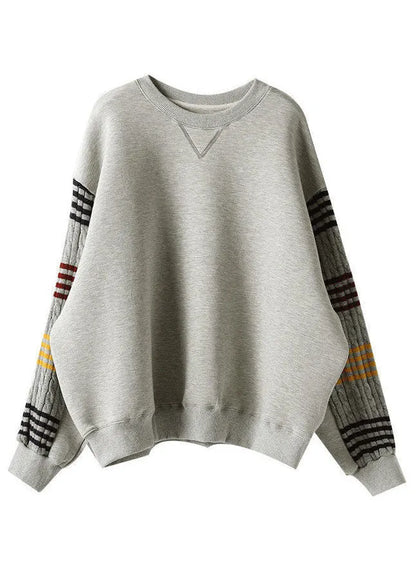 Lazy Grey O-neck Striped Knit Patchwork Cotton Sweatshirt Long Sleeve