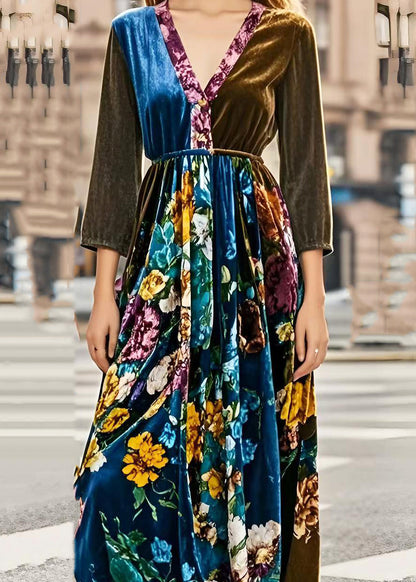 Silm Fit V Neck Patchwork Print Silk Velour Cinched Dresses Spring