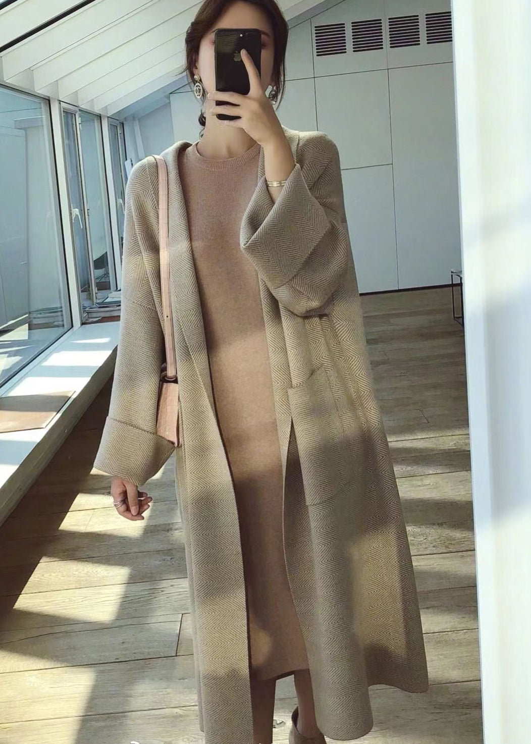 Light Camel Peter Pan Collar Pockets Knit Cardigan Fall
