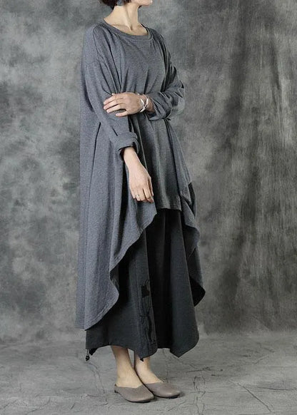 Style Grey Low High Design Button Fall Long Sleeve Shirt Tops