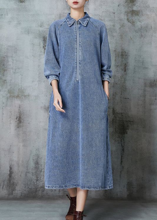 Blue Zip Up Denim Maxi Dresses Spring
