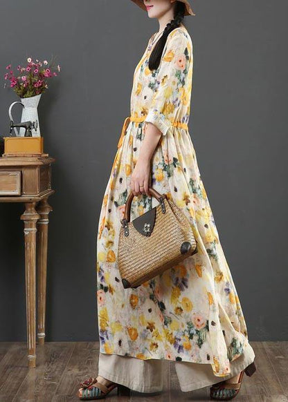 Yellow Print Linen Dress V Necktie Waist Summer Robe Dresses