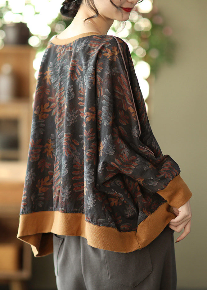 Loose Black O-neck Cotton Sweatshirt Top Batwing Sleeve
