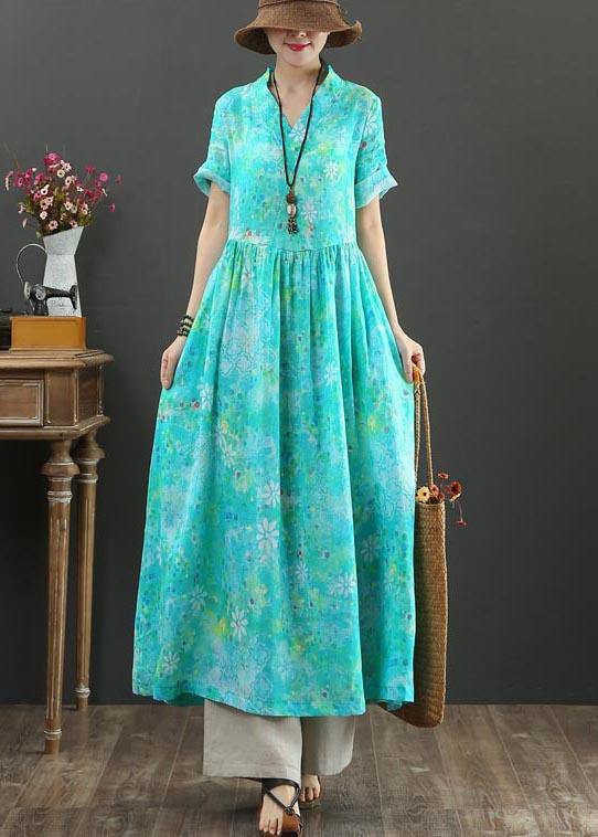 Blue Print Linen a Line Summer Holiday Dress
