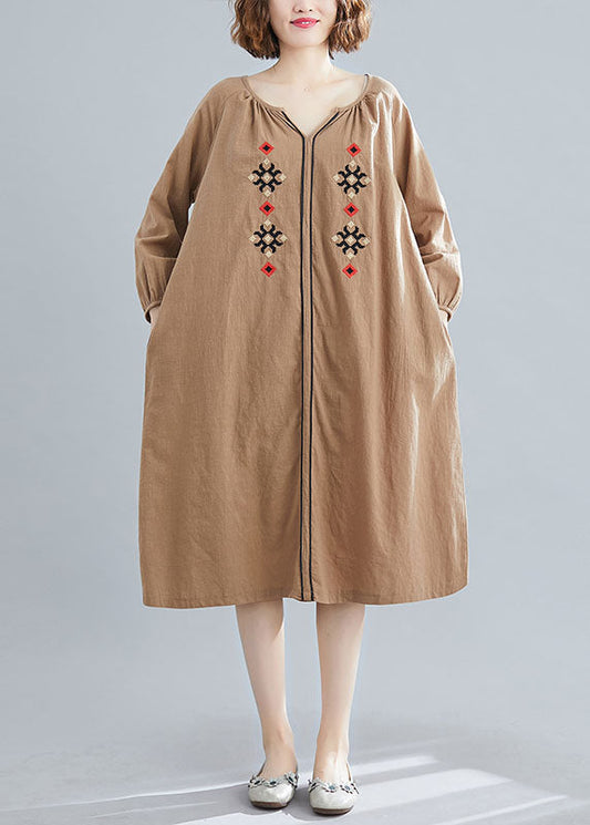 Chocolate Loose Dress V Neck Spring