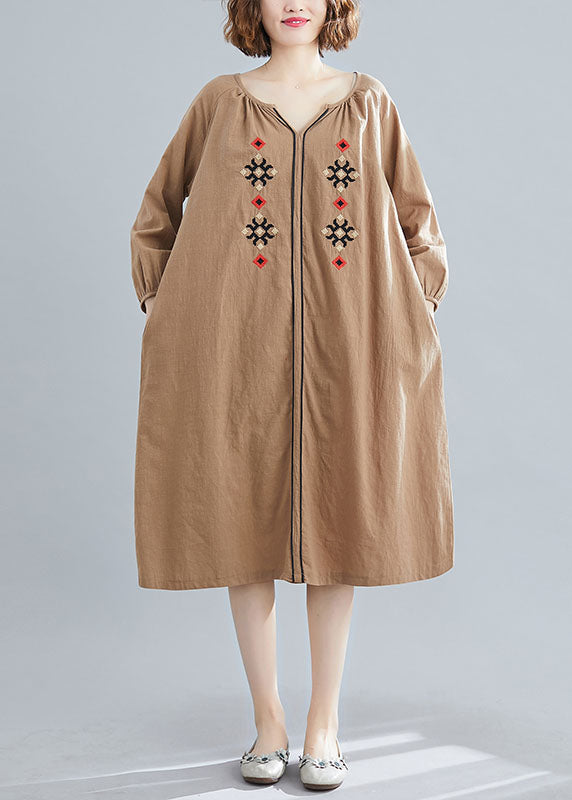 Chocolate Loose Dress V Neck Spring