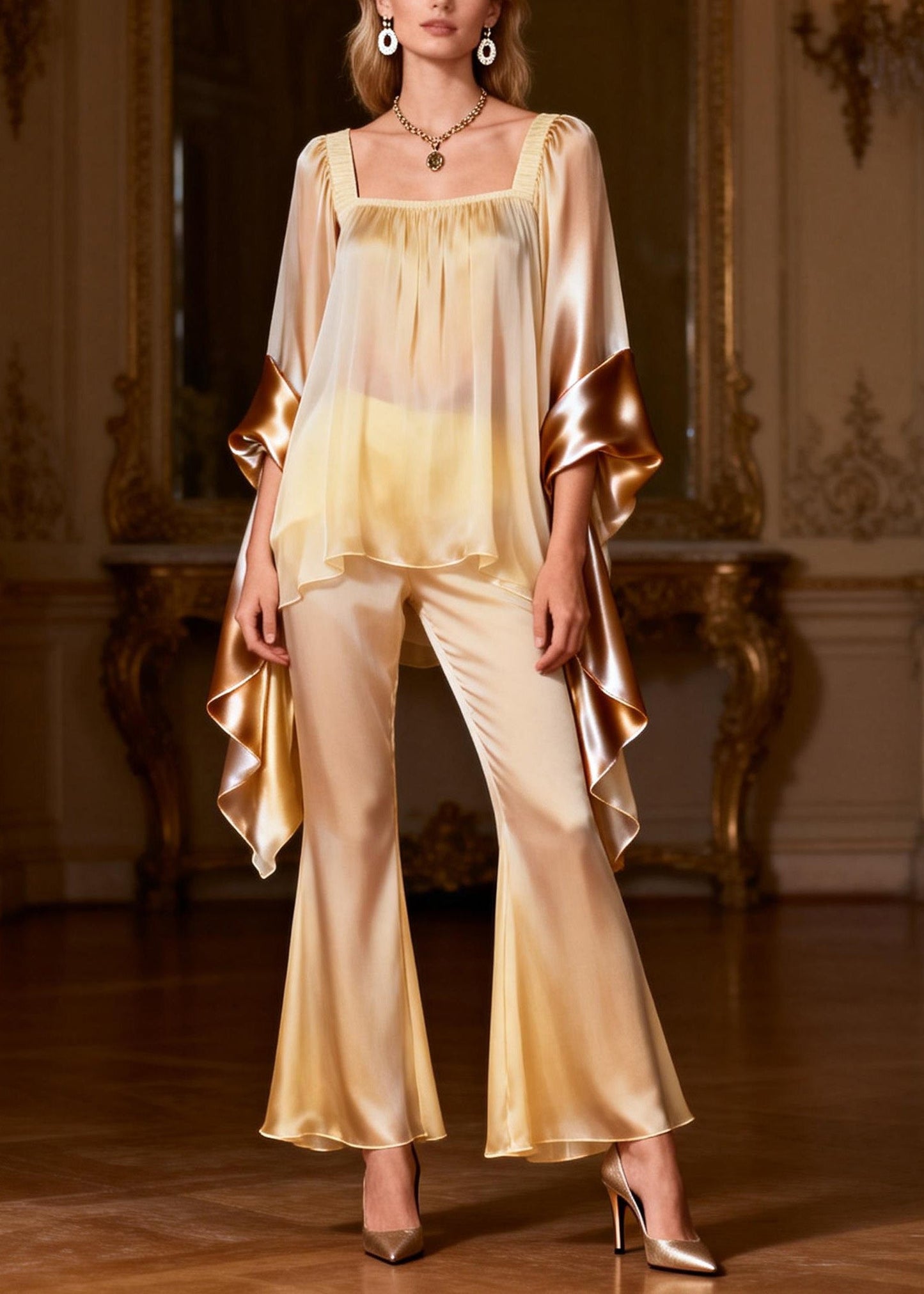 Square Collar Patchwork Silk Two Pieces Set Summer