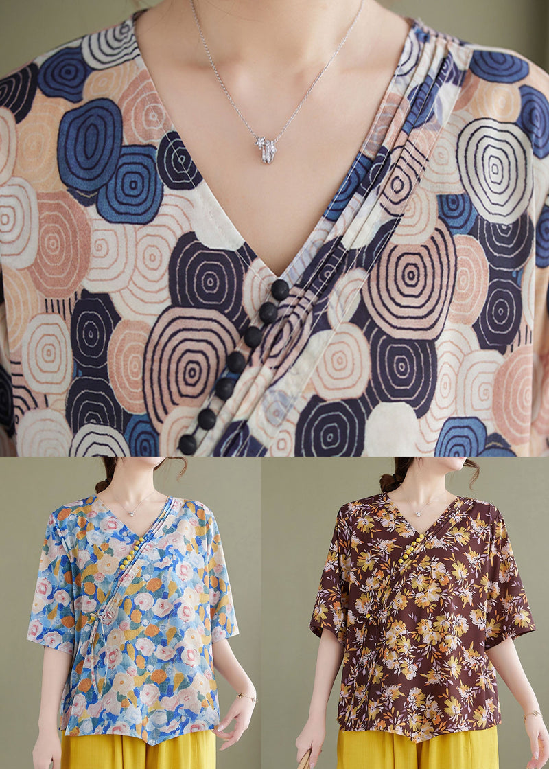 Blue V Neck Print Patchwork Cotton Shirt Tops Summer