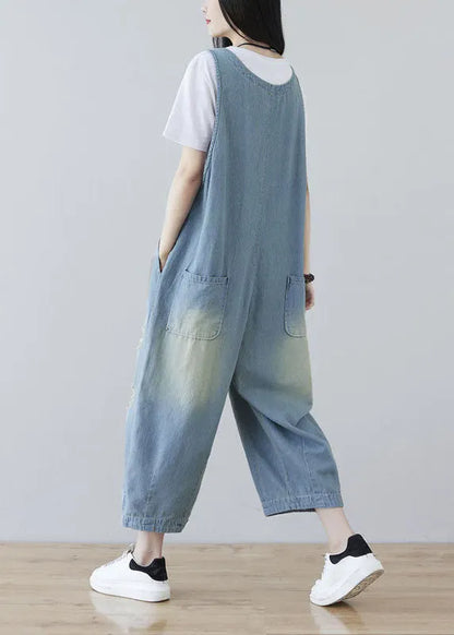 Light Blue Oriental Button Ripped Cotton Denim Jumpsuit Spring