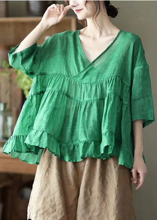 Green V Neck Patchwork Linen Tops Half Sleeve