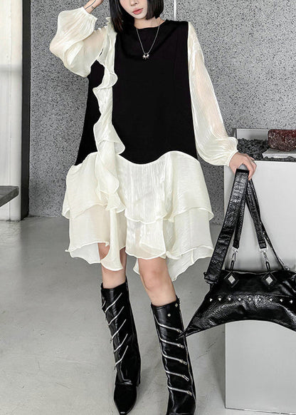 Apricot Ruffled Organza Patchwork Cotton Dress Fall