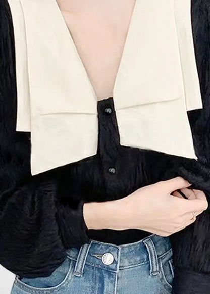 Black Peter Pan Collar Patchwork Original Design Blouses Spring