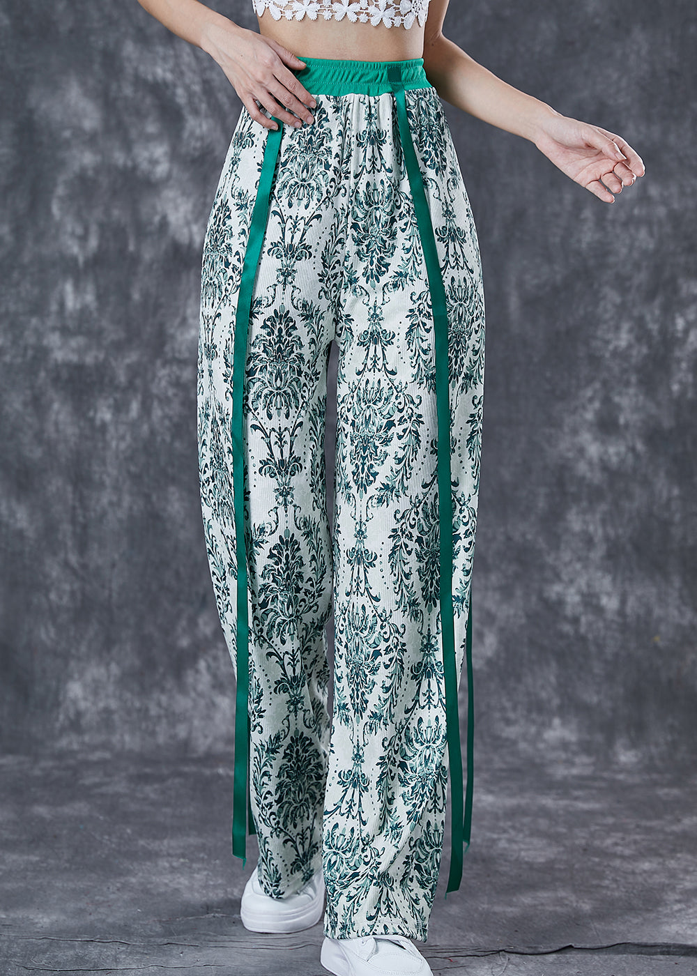 Green Print Ribbon Cotton Straight Pants Fall