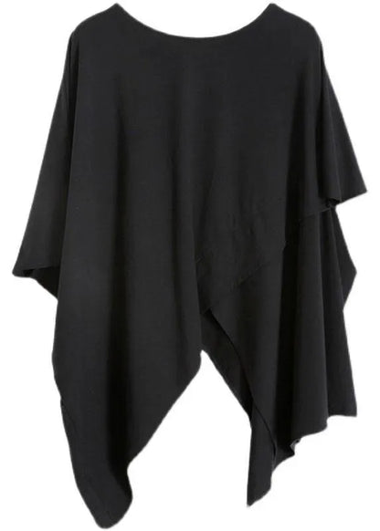 Black Cotton O Neck Asymmetric Tee