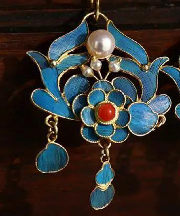 Blue Pearl Tassel Cloisonne Hoop Earrings