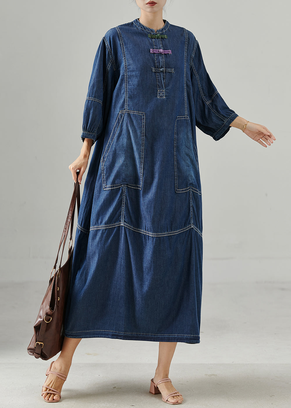 Navy Oversized Chinese Button Denim Dress Bracelet Sleeve Spring