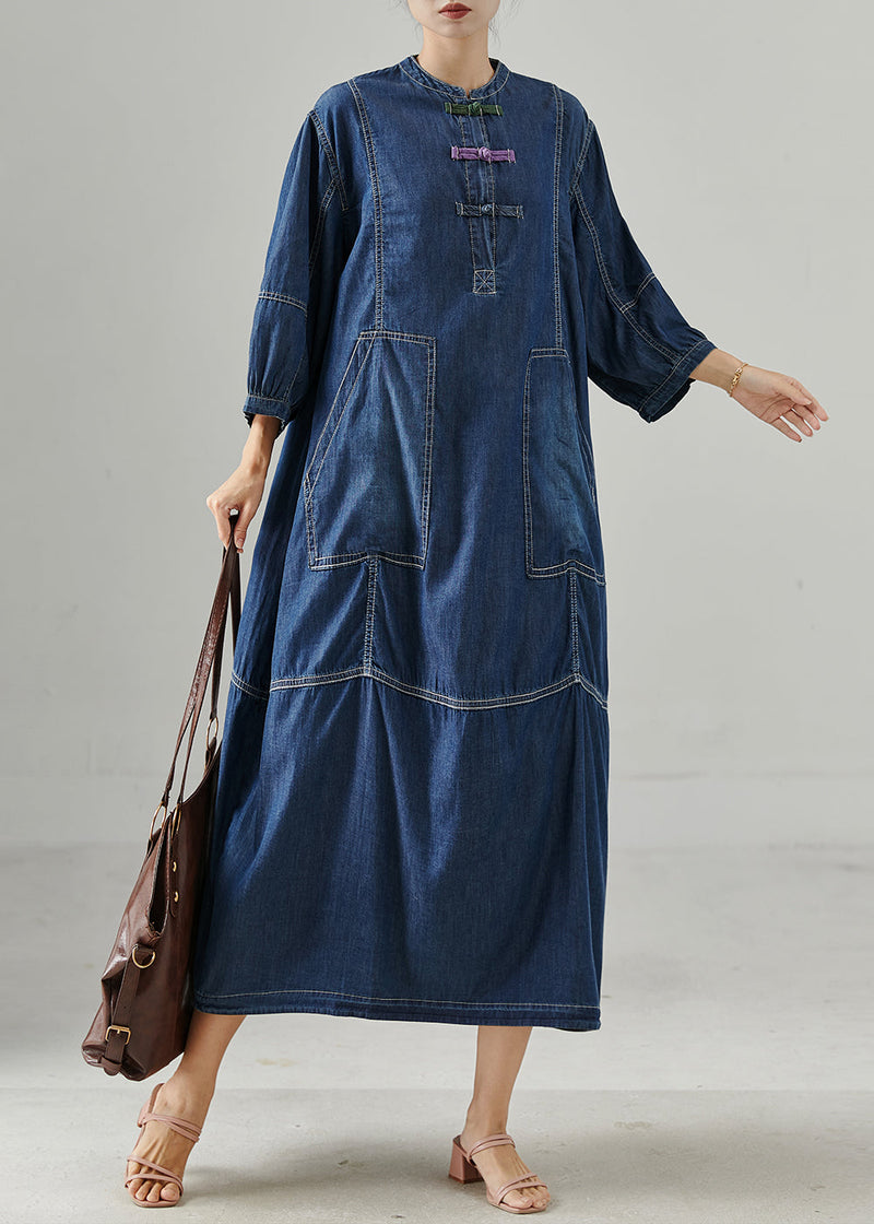 Navy Oversized Chinese Button Denim Dress Bracelet Sleeve Spring