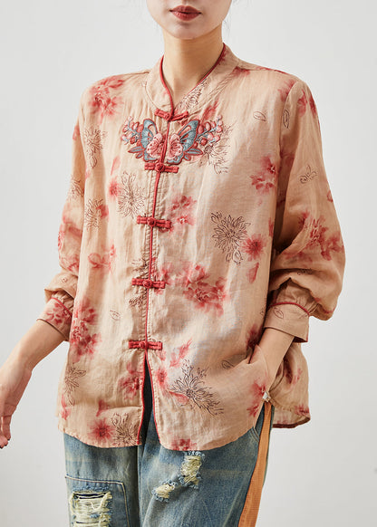 Orange Embroidered Print Linen Blouse Top Summer