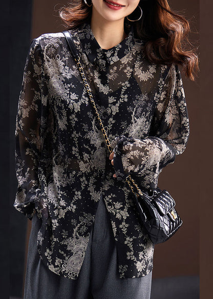 Vogue Black Square Collar Print Button Chiffon Shirts Long Sleeve
