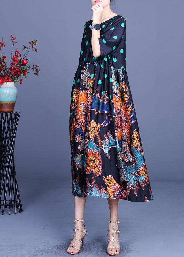 Black Print O-neck Half Sleeve Silk Vacation Dresses Summer