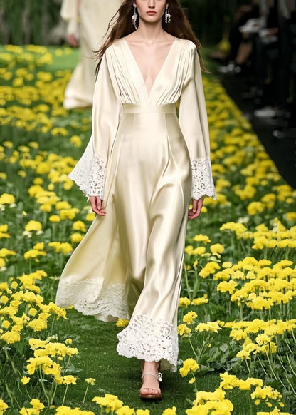 Champagne Patchwork Lace Draping Silk Long Dresses Spring