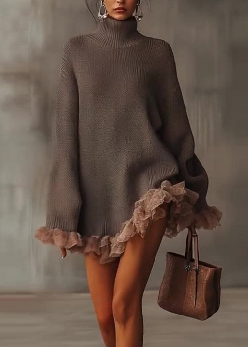 New Hign Neck Ruffled Patchwork Knit Sweaters Dress Spring