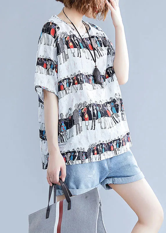 White O-neck Character Print Cotton Tops Summer